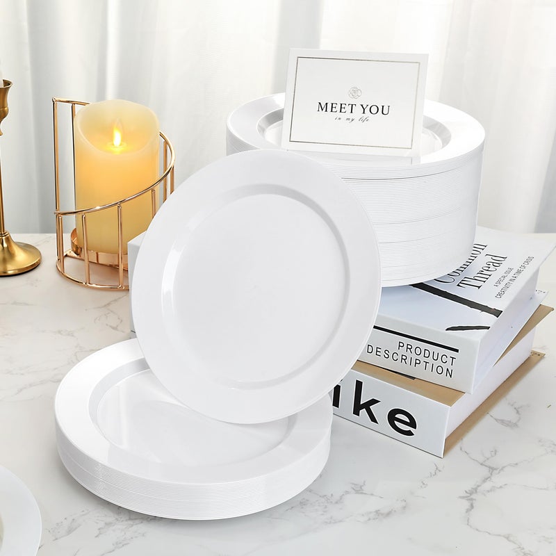 BESTVIP 100PCS White Plastic Plate  7 Inch Disposable Dessert Plate Party  Heavy Duty Disposable Plastic Plates for Party  Wedding and Birthday - Image 5