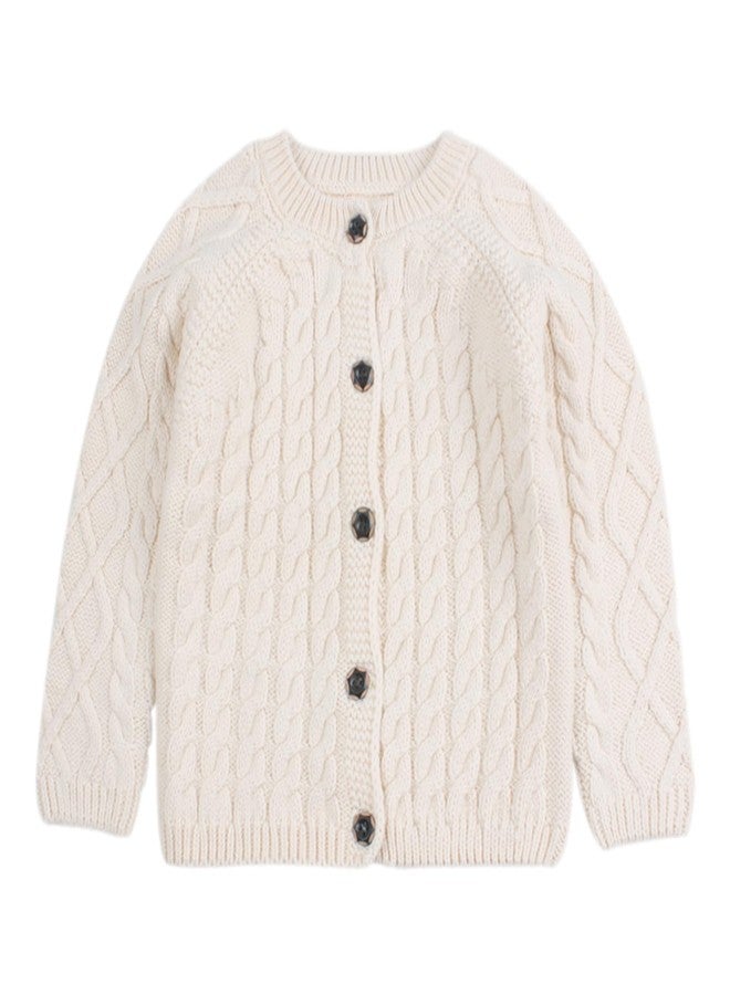 Peecabe Toddler Girl Sweaters Cable Knit Long Sleeve Crewneck Chunky Crochet Cardigans 1-6T (White, 3T) - Image 1