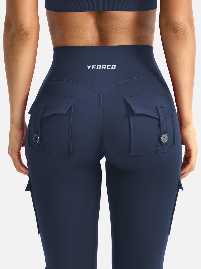 YEOREO CoreFlex Women Workout Flare Leggings with Pockets Hidden Scrunch High Waisted Cargo Gym Yoga Leggings Blue Navy S - Image 4