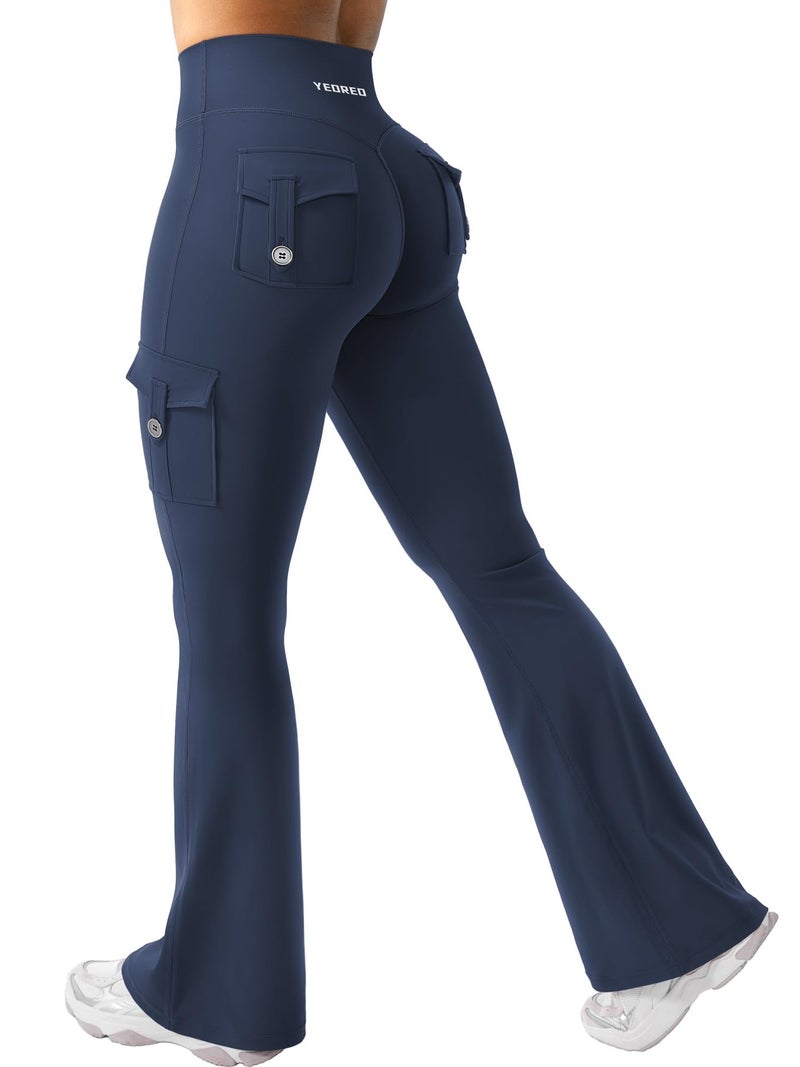 YEOREO CoreFlex Women Workout Flare Leggings with Pockets Hidden Scrunch High Waisted Cargo Gym Yoga Leggings Blue Navy S - Image 1