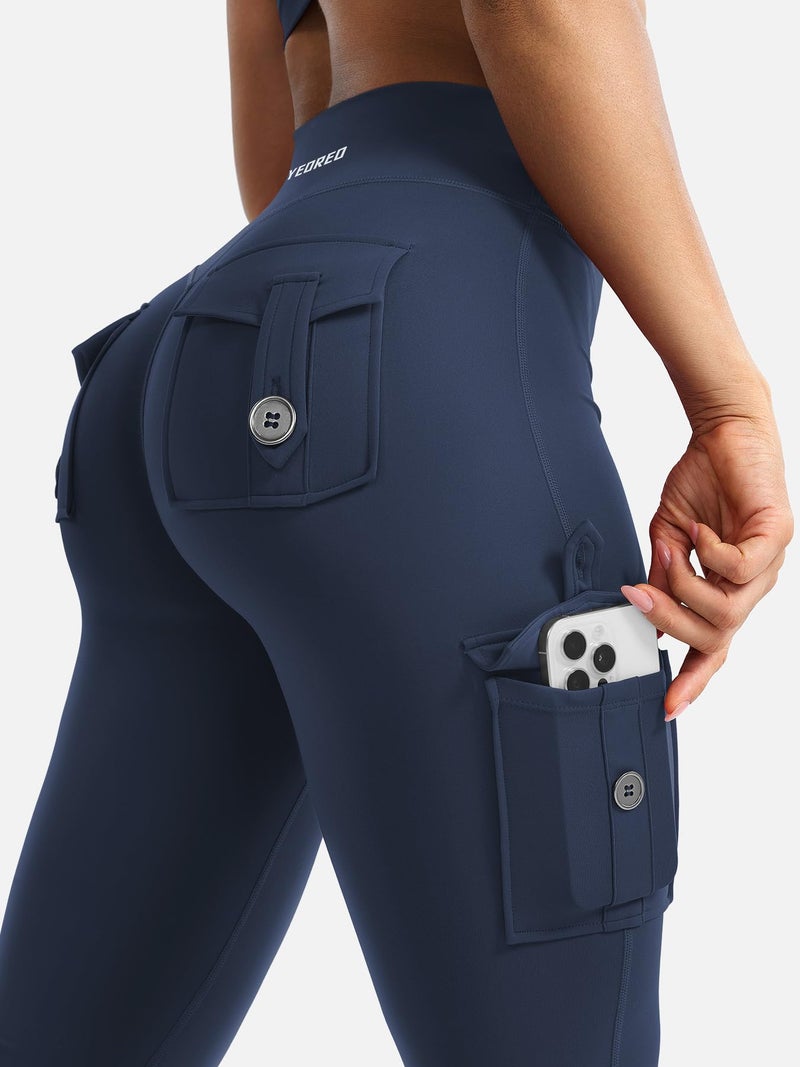 YEOREO CoreFlex Women Workout Flare Leggings with Pockets Hidden Scrunch High Waisted Cargo Gym Yoga Leggings Blue Navy S - Image 3