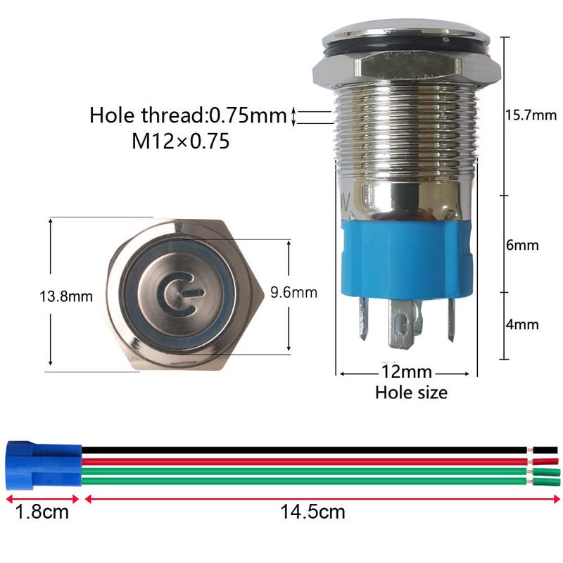 Gebildet 2pcs 0.47"/12mm Stainless Steel Self-locking Latching Push Button Switch 12V-24V 3A Power Symbol LED Normally Open SPST ON Off Waterproof Toggle Switch with Wire Socket Plug (Blue+Red) - Image 3