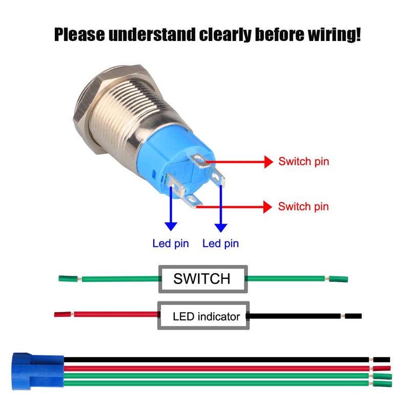 Gebildet 2pcs 0.47"/12mm Stainless Steel Self-locking Latching Push Button Switch 12V-24V 3A Power Symbol LED Normally Open SPST ON Off Waterproof Toggle Switch with Wire Socket Plug (Blue+Red) - Image 4