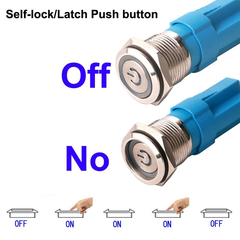 Gebildet 2pcs 0.47"/12mm Stainless Steel Self-locking Latching Push Button Switch 12V-24V 3A Power Symbol LED Normally Open SPST ON Off Waterproof Toggle Switch with Wire Socket Plug (Blue+Red) - Image 5