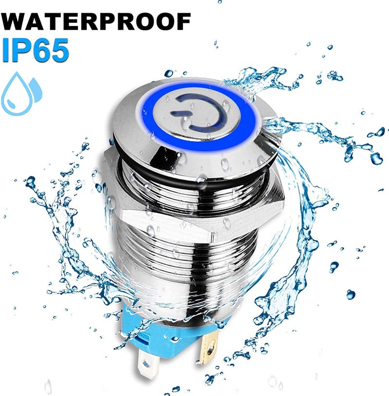 Gebildet 2pcs 0.47"/12mm Stainless Steel Self-locking Latching Push Button Switch 12V-24V 3A Power Symbol LED Normally Open SPST ON Off Waterproof Toggle Switch with Wire Socket Plug (Blue+Red) - Image 2