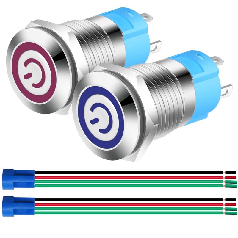 Gebildet 2pcs 0.47"/12mm Stainless Steel Self-locking Latching Push Button Switch 12V-24V 3A Power Symbol LED Normally Open SPST ON Off Waterproof Toggle Switch with Wire Socket Plug (Blue+Red) - Image 1