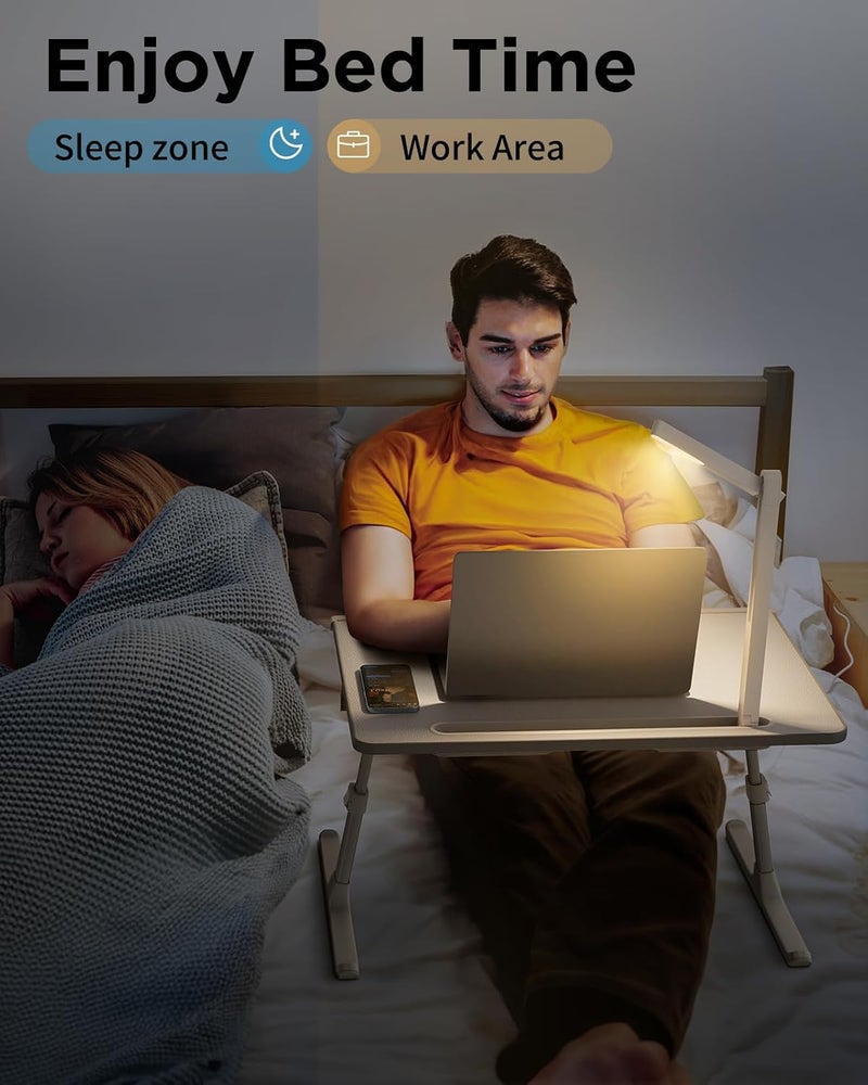 سايجي طاولة سرير للكمبيوتر المحمول مزودة بإضاءة LED، وحامل كمبيوتر محمول قابل للتعديل للسرير، وطاولة كمبيوتر محمول قابلة للطي مصنوعة من جلد البولي فينيل كلوريد مقاس كبير جدًا مع حامل للكتب، ومسند للمعصم، ومساحة إضافية للأرجل للأريكة أو الأرضية (رمادي) - Image 5