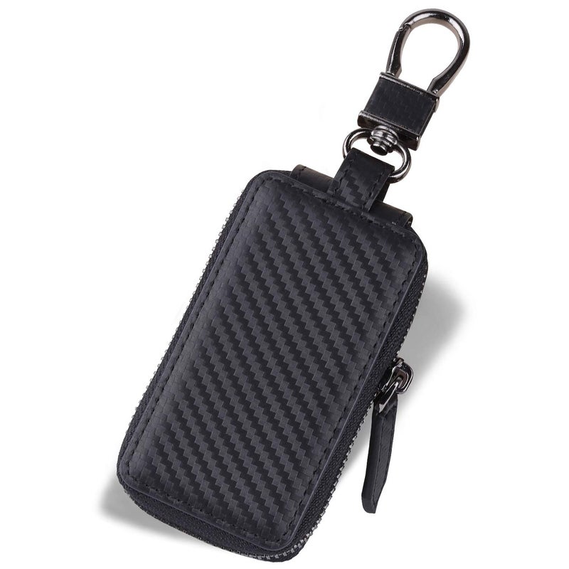VISOUL Car Key Case Carbon Fiber Leather Car Smart Key Fob Zipper Case with Keychain and Metal Hook C02Black