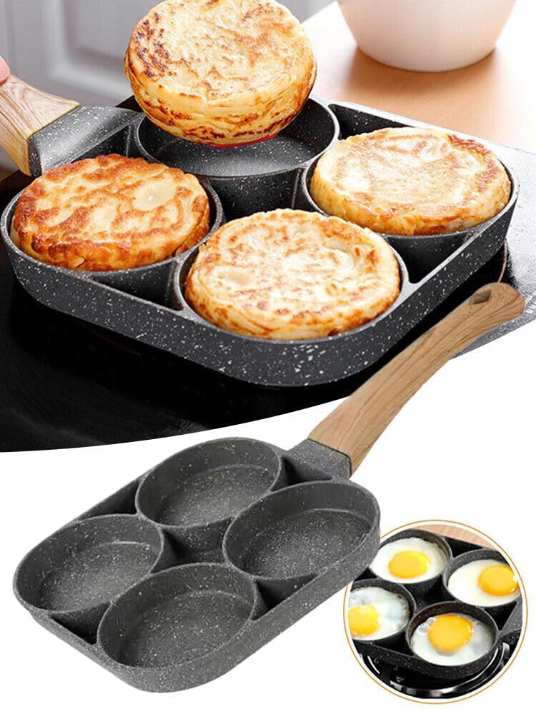 DIKSUL DIKSUL 4 Hole Non Stick Egg Frying Pan 4 partition Egg Pan with Detachable Wooden Handle Suitable for Gas Stove Induction for Multi Snack Maker Fried Egg Pancake Steaks Hamburger  - Image 3