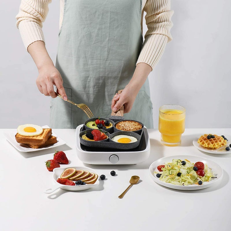 DIKSUL DIKSUL 4 Hole Non Stick Egg Frying Pan 4 partition Egg Pan with Detachable Wooden Handle Suitable for Gas Stove Induction for Multi Snack Maker Fried Egg Pancake Steaks Hamburger  - Image 5