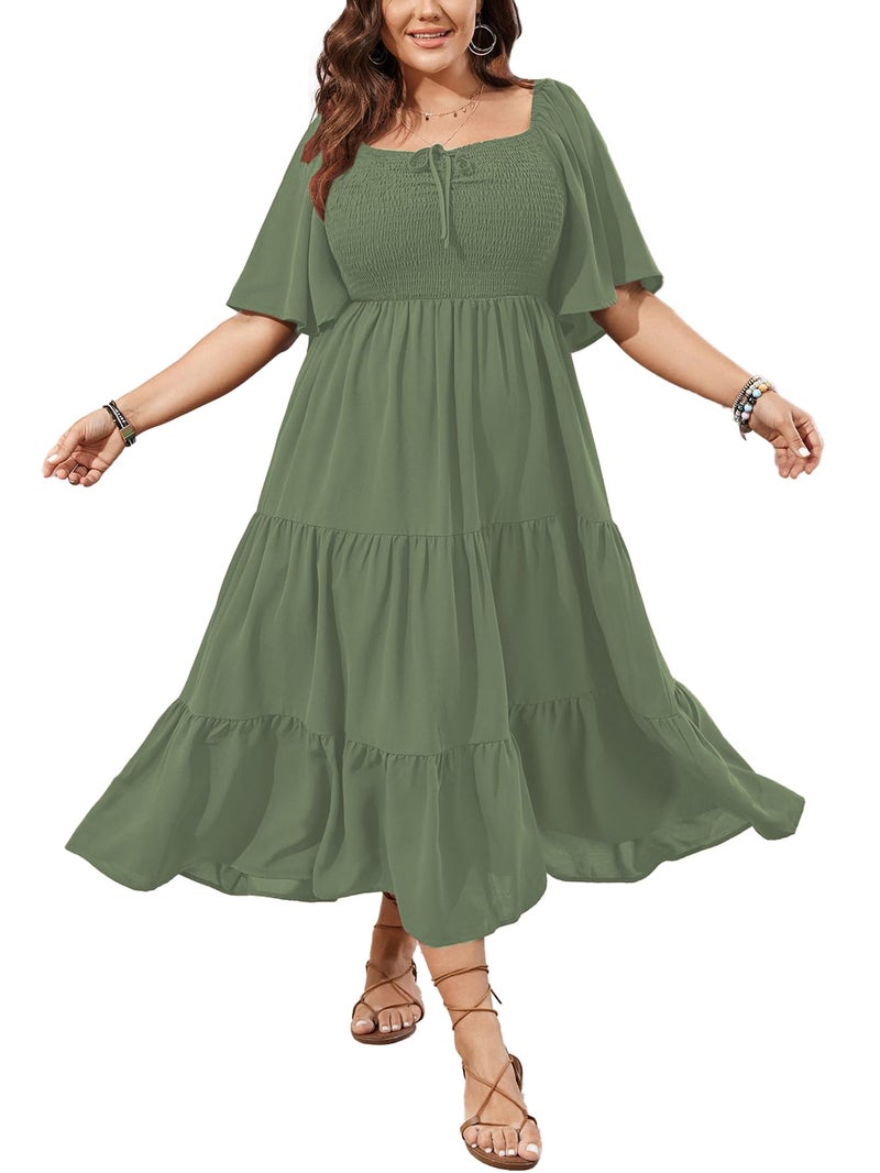 SCOMCHIC Women's Plus Size Flowy Maxi Dress Flutter Short Sleeve Boho Dress Square Neck Smocked Formal Dresses for Women Sage Green - Image 1
