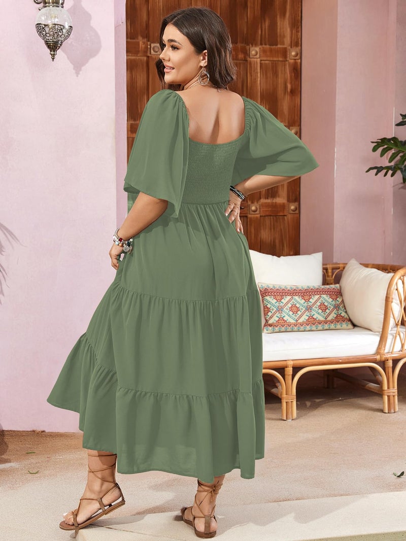 SCOMCHIC Women's Plus Size Flowy Maxi Dress Flutter Short Sleeve Boho Dress Square Neck Smocked Formal Dresses for Women Sage Green - Image 2