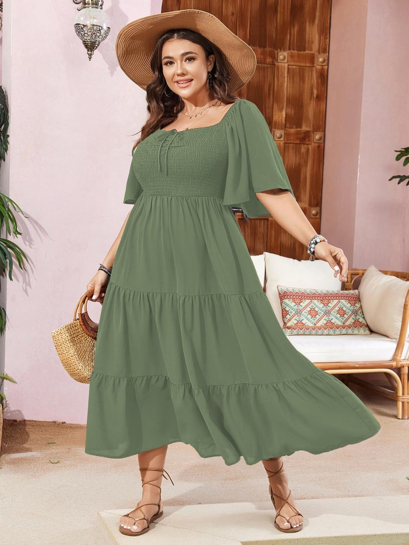 SCOMCHIC Women's Plus Size Flowy Maxi Dress Flutter Short Sleeve Boho Dress Square Neck Smocked Formal Dresses for Women Sage Green - Image 3