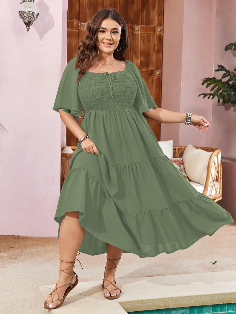 SCOMCHIC Women's Plus Size Flowy Maxi Dress Flutter Short Sleeve Boho Dress Square Neck Smocked Formal Dresses for Women Sage Green - Image 4