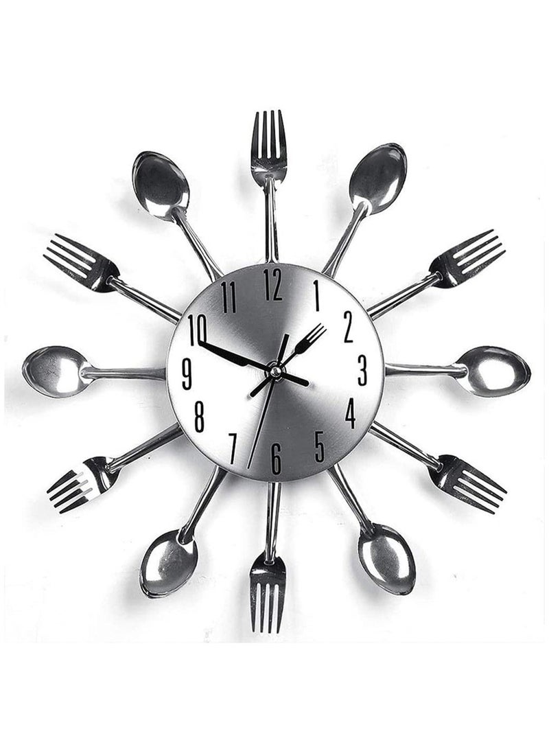 Modern 3D Kitchen Wall Clock Creative Spoon Fork Design Removable Mirror Wall Decal Silent Non-Ticking Mechanism Cutlery Home Decor for Dining Room Living Room Office (Silver)  - Image 1