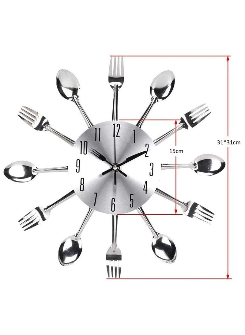 Modern 3D Kitchen Wall Clock Creative Spoon Fork Design Removable Mirror Wall Decal Silent Non-Ticking Mechanism Cutlery Home Decor for Dining Room Living Room Office (Silver)  - Image 2