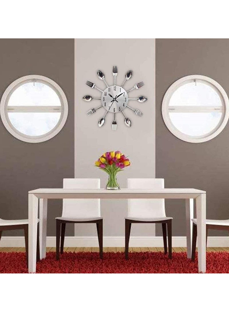 Modern 3D Kitchen Wall Clock Creative Spoon Fork Design Removable Mirror Wall Decal Silent Non-Ticking Mechanism Cutlery Home Decor for Dining Room Living Room Office (Silver)  - Image 4