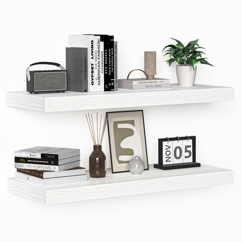 Fun Memories Floating Shelves  24 Inch Rustic Wooden Wall Shelves  Extra Deeper  Thicker Wall Mounted Storage Shelf for Living Room Kitchen Farmhouse  24 W x 9 D x 16 H  Rustic White 2 Pack