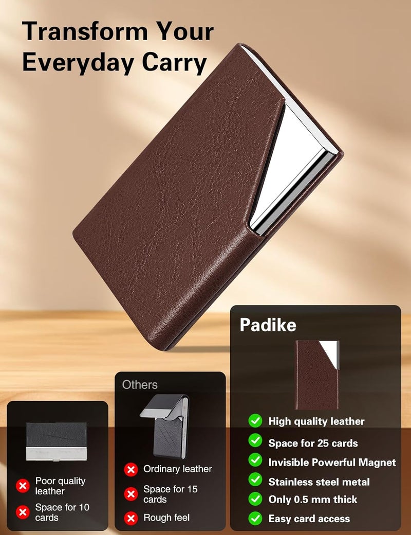 Padike Business Card Holder, Upgraded Leather Business Card Case Pocket Card Holders for Men or Women, Metal Slim Name Card Holder RFID Blocking Business Card Carrier with Magnetic Closure (Z-Coffee) - Image 2