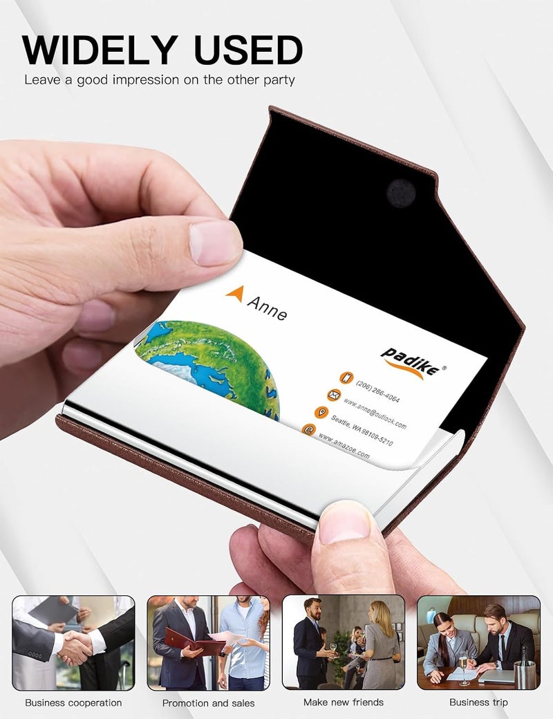 Padike Business Card Holder, Upgraded Leather Business Card Case Pocket Card Holders for Men or Women, Metal Slim Name Card Holder RFID Blocking Business Card Carrier with Magnetic Closure (Z-Coffee) - Image 5