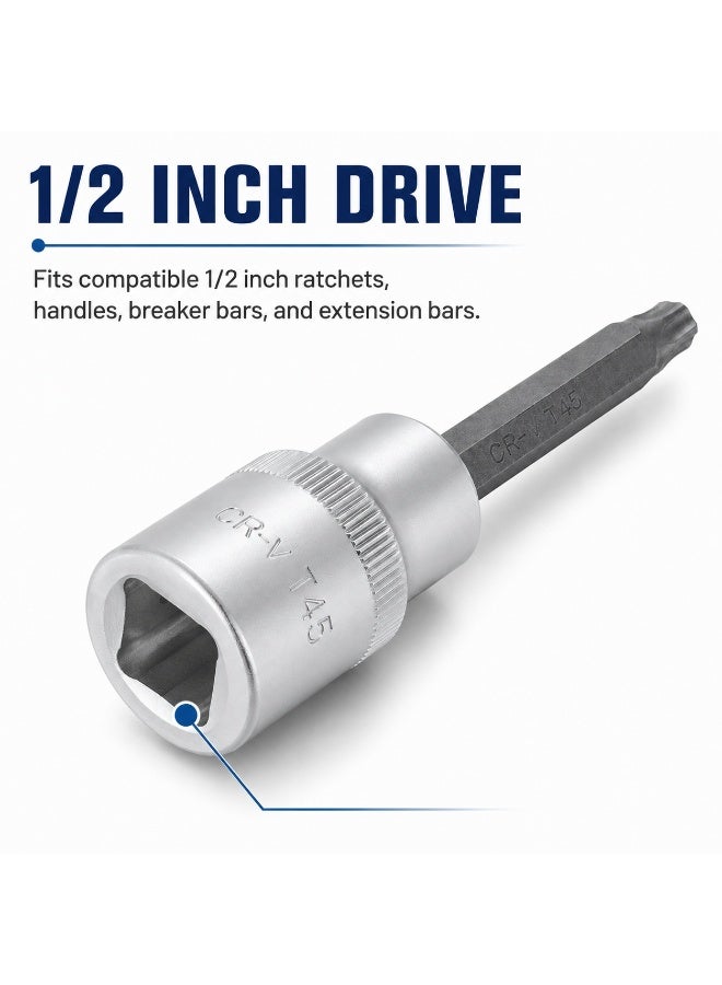 T45 Torx Bit Socket 1/2 Inch Drive, 4 Inch Long CR-V Metal Star Socket Tool For Ratchet, Car Repair, Workshop & DIY Maintenance - Image 2