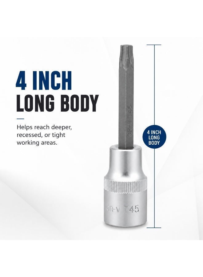 T45 Torx Bit Socket 1/2 Inch Drive, 4 Inch Long CR-V Metal Star Socket Tool For Ratchet, Car Repair, Workshop & DIY Maintenance - Image 3
