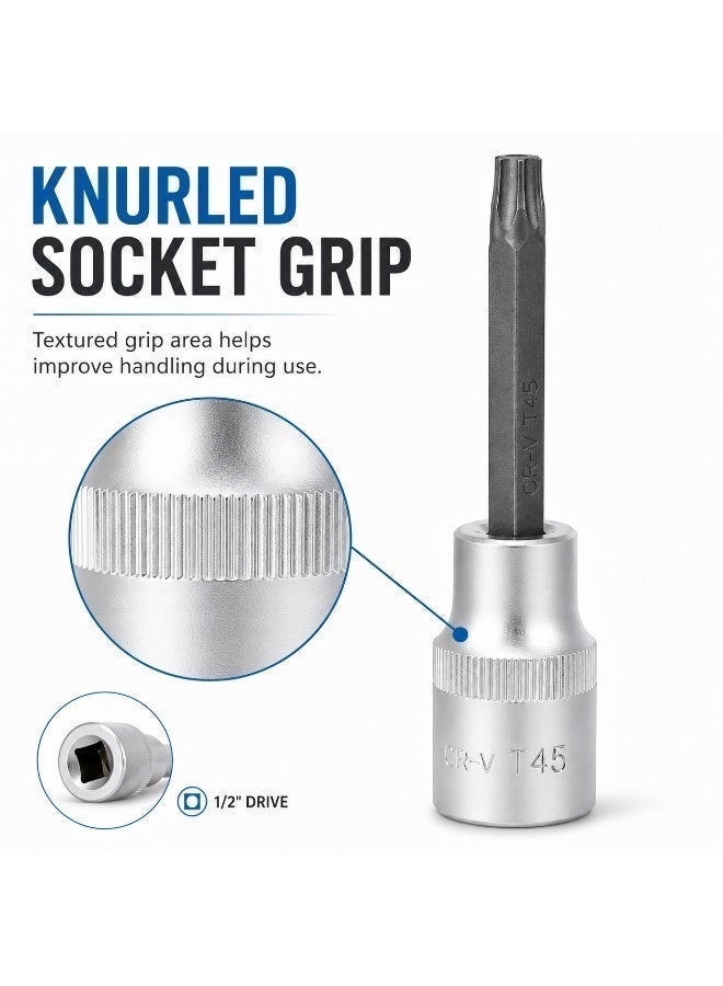 T45 Torx Bit Socket 1/2 Inch Drive, 4 Inch Long CR-V Metal Star Socket Tool For Ratchet, Car Repair, Workshop & DIY Maintenance - Image 4