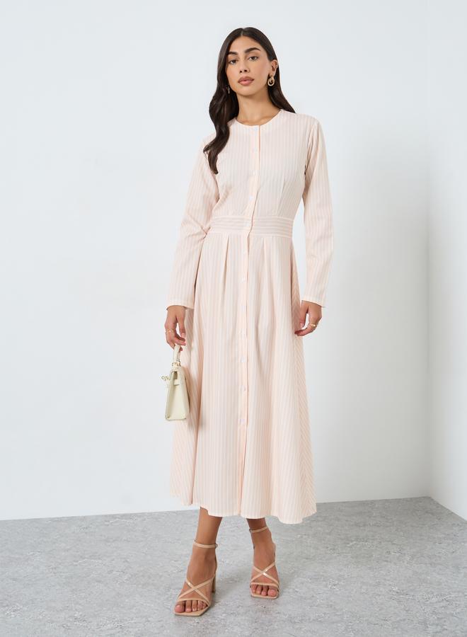 Styli Cream Striped Midi Dress with Long Sleeves - Image 3