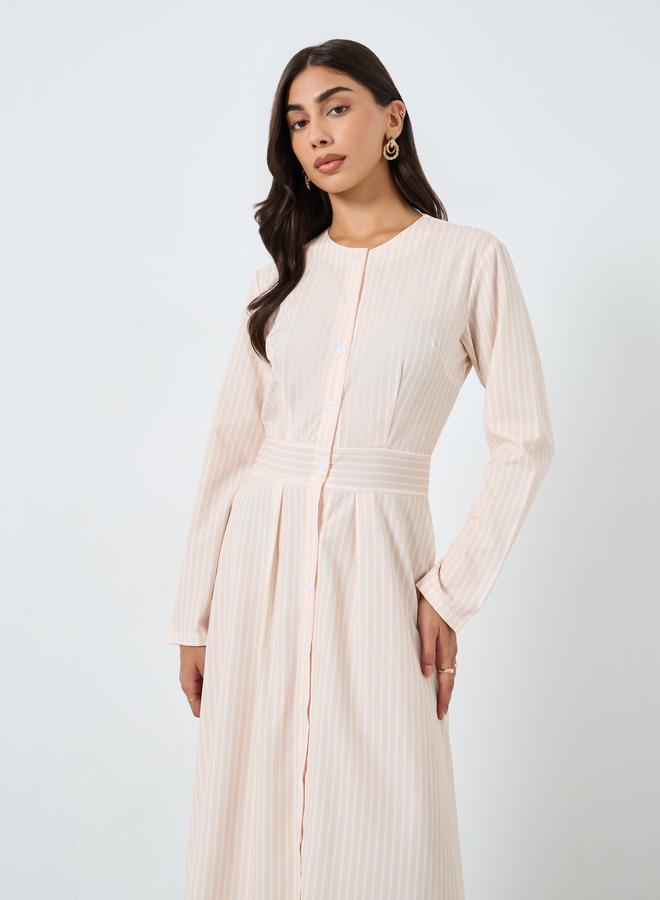 Styli Cream Striped Midi Dress with Long Sleeves - Image 2