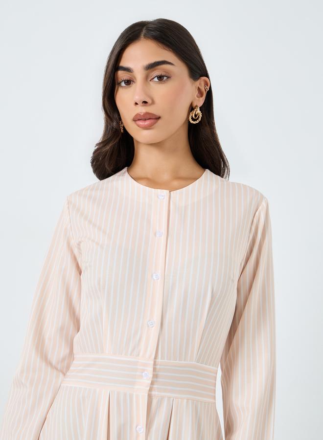 Styli Cream Striped Midi Dress with Long Sleeves - Image 4