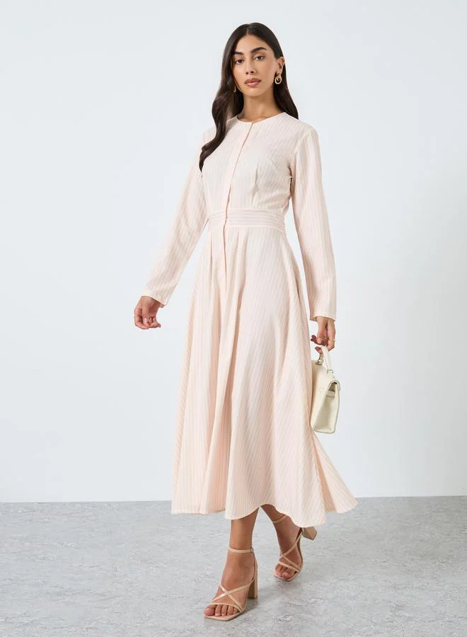 Cream Striped Midi Dress with Long Sleeves