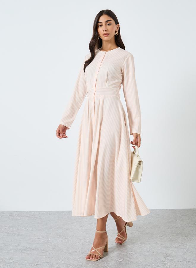 Styli Cream Striped Midi Dress with Long Sleeves - Image 1