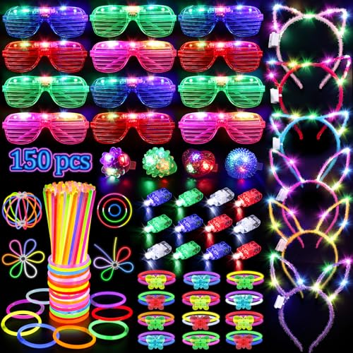 TSDATOWR 150PCS Glow in the Dark Party Supplies for Kids Adults Light Up Party Favors with Light Up Glasses Headband Rings 100 Glow Sticks Bulk Party Pack DIY Glow Necklaces Bracelets Neon Party Supplies - Image 1