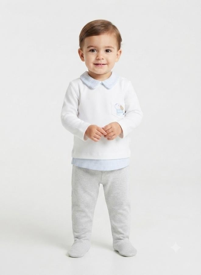 Bumber Baby 2-Piece Set Long Sleeve Top and Footed Trousers,Grey/White - Image 1