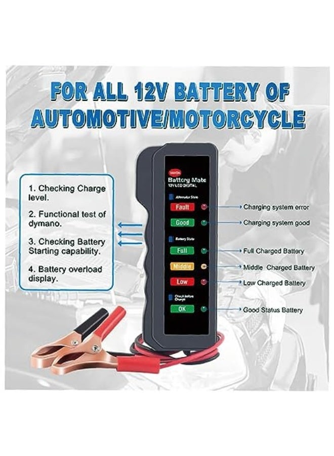 جهاز اختبار بطارية السيارة 12 فولت، جهاز اختبار مولد السيارة مع ضوء مؤشر، كشف حالة البطارية، كشف نظام الشحن، مناسب للسيارات والدراجات النارية والشاحنات. - Image 3