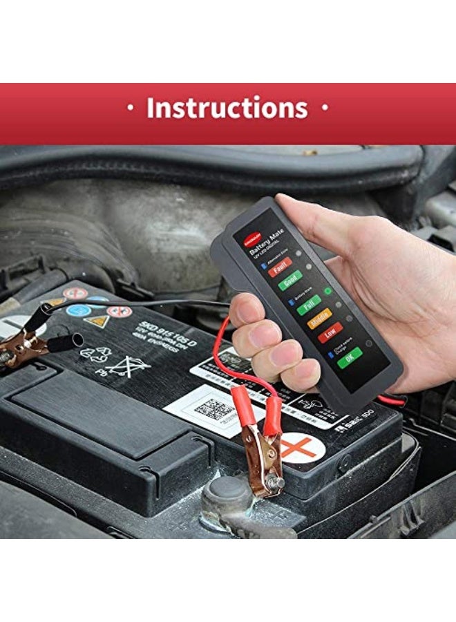 جهاز اختبار بطارية السيارة 12 فولت، جهاز اختبار مولد السيارة مع ضوء مؤشر، كشف حالة البطارية، كشف نظام الشحن، مناسب للسيارات والدراجات النارية والشاحنات. - Image 5
