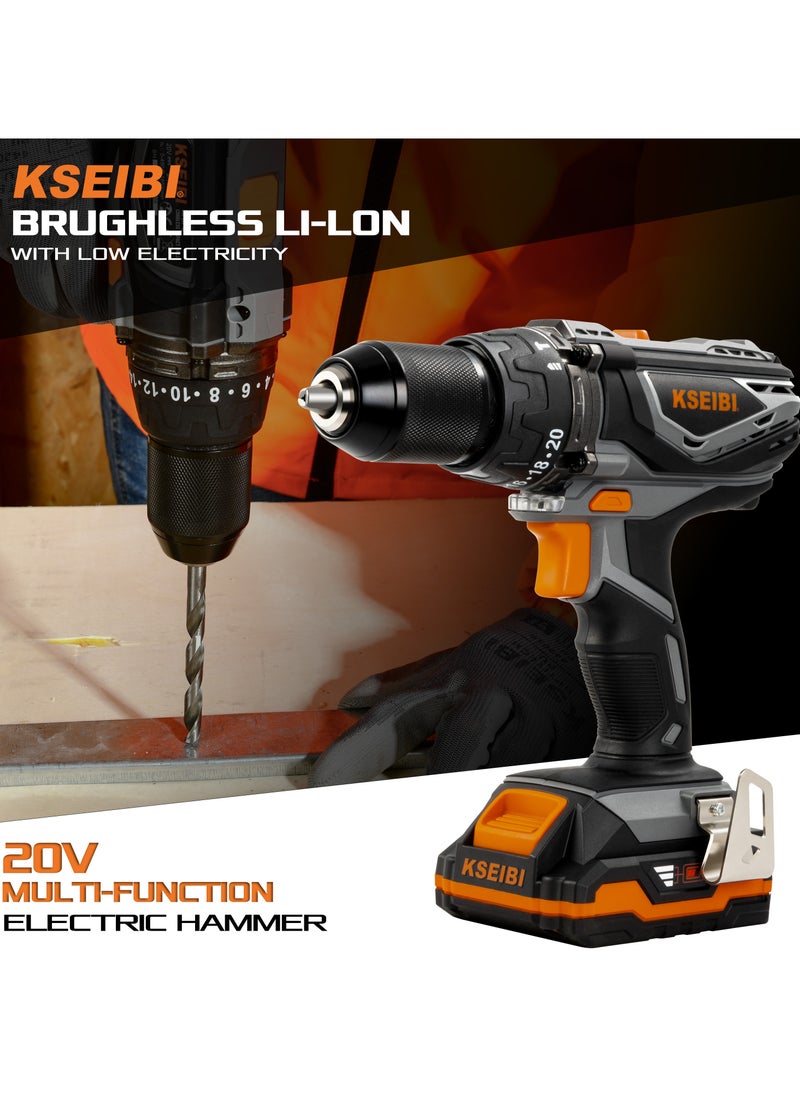 KSEIBI Cordless Hammer Drill 20v with Fast Charger, Two Batteries, Drilling Holes Driving Screws, Wood, Walls, Hammer Drill, Impact Drilling, Removing Stubborn Screws, Automotive Work, High Performance Drill  - Image 4