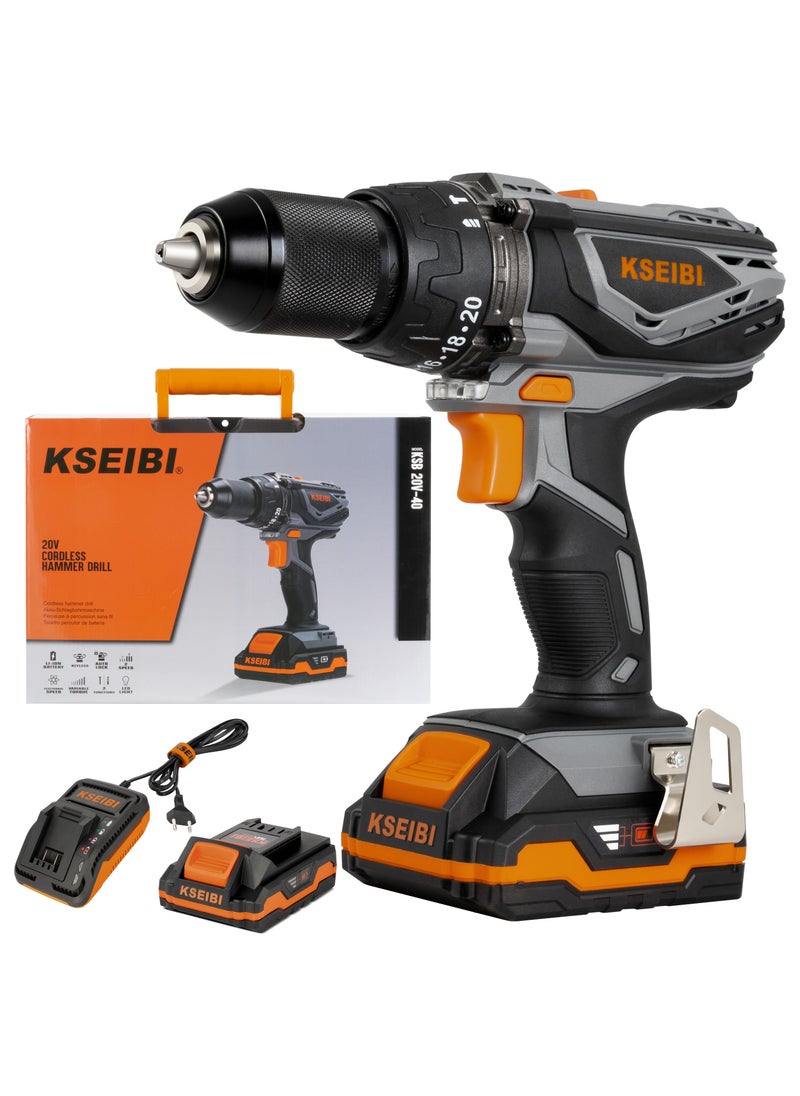 KSEIBI Cordless Hammer Drill 20v with Fast Charger, Two Batteries, Drilling Holes Driving Screws, Wood, Walls, Hammer Drill, Impact Drilling, Removing Stubborn Screws, Automotive Work, High Performance Drill  - Image 1