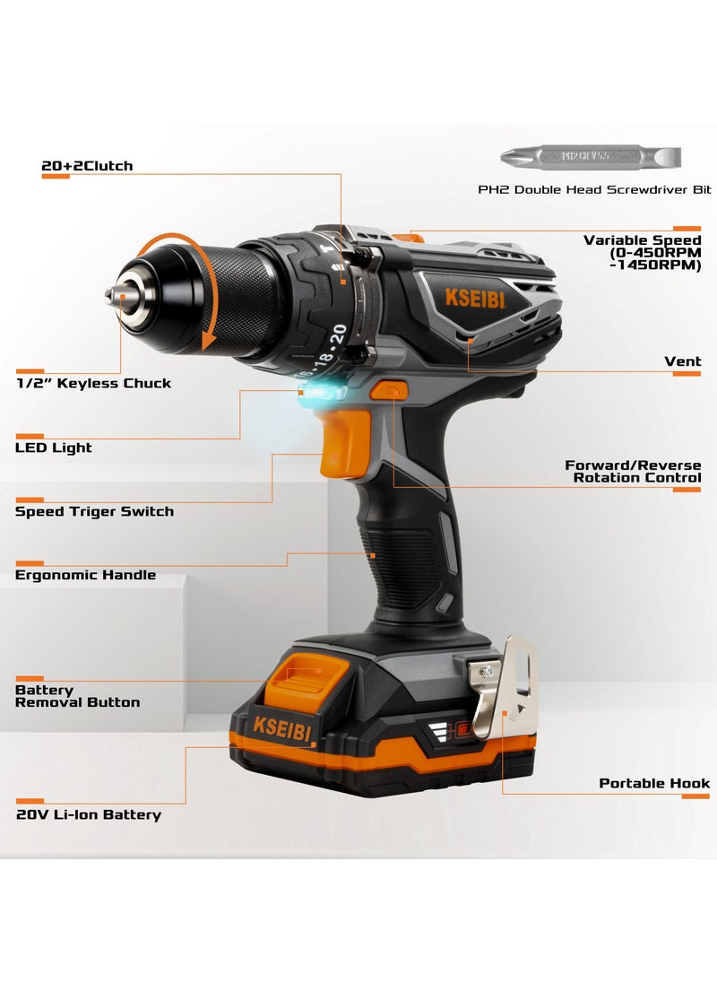 KSEIBI Cordless Hammer Drill 20v with Fast Charger, Two Batteries, Drilling Holes Driving Screws, Wood, Walls, Hammer Drill, Impact Drilling, Removing Stubborn Screws, Automotive Work, High Performance Drill  - Image 2