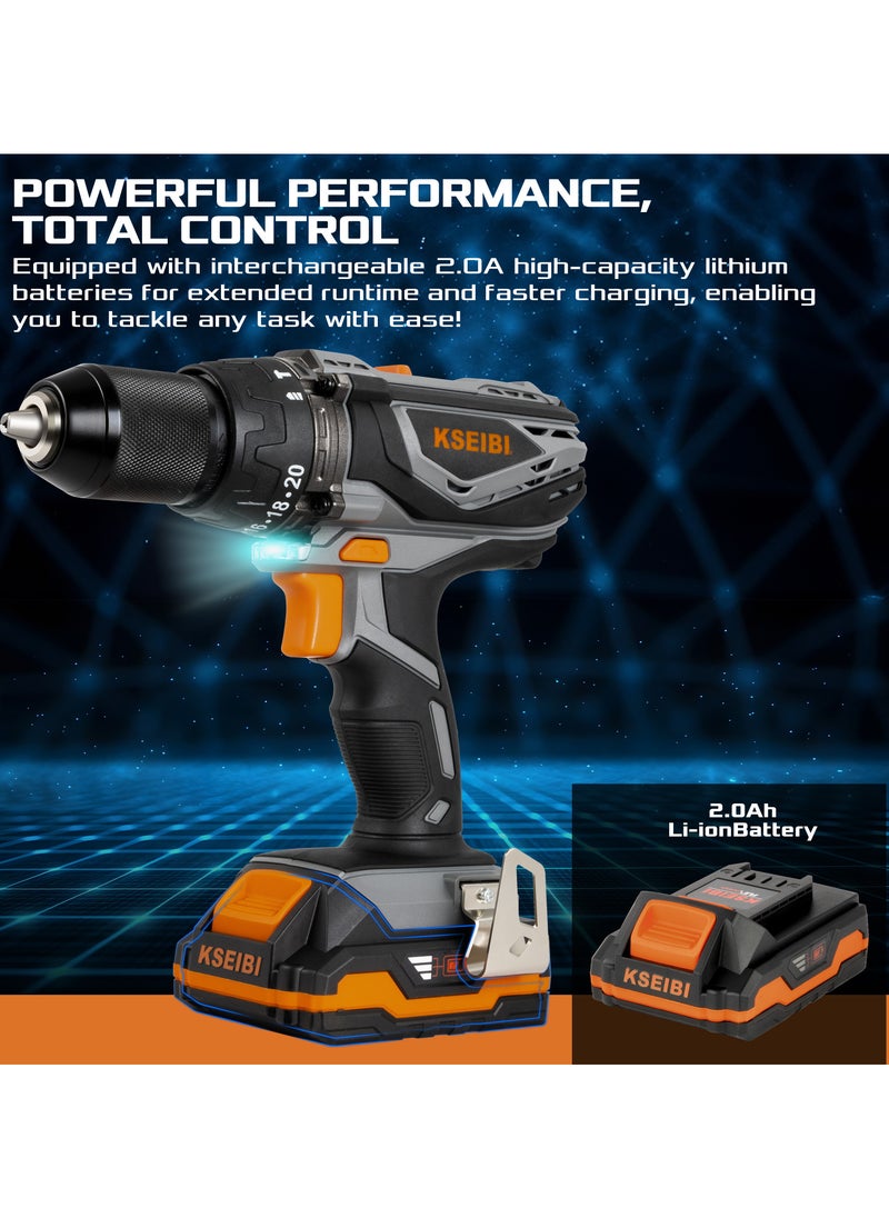KSEIBI Cordless Hammer Drill 20v with Fast Charger, Two Batteries, Drilling Holes Driving Screws, Wood, Walls, Hammer Drill, Impact Drilling, Removing Stubborn Screws, Automotive Work, High Performance Drill  - Image 3