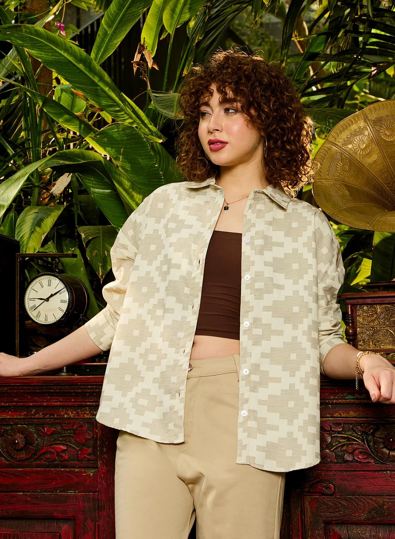 Pinacolada Women's Beige Geometric Oversized Shirt For Casual Wear | Collared Neck | Long Sleeve | Button Closure | Shirt Crafted With Cotton Comfort Fit For Everyday Wear