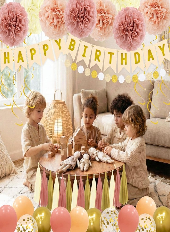 مجموعة زينة عيد ميلاد - لافتة "عيد ميلاد سعيد" بنمط بوهيمي مع زهور مناديل ورقية، بالونات مقاس 12 بوصة، شرائط زينة، وشرائط حلزونية معلقة لتزيين حفلات الفتيات والسيدات بنمط بوهيمي محايد وعصري - Image 3
