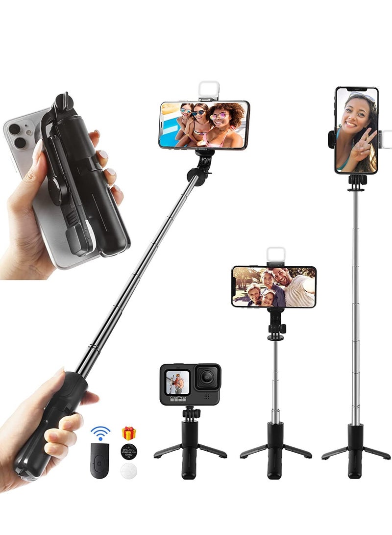 ELTRAZONE Mini Selfie Stick Tripod, Extendable 3 in 1 Selfie Stick Tripod with Remote, ​Phone Tripod with 3 Light Modes, 6 Brightness Levels, Selfie Stick for iPhone 12/11/11 Pro/XS/XR/X/8/7/6/5 Smartphones - Image 1