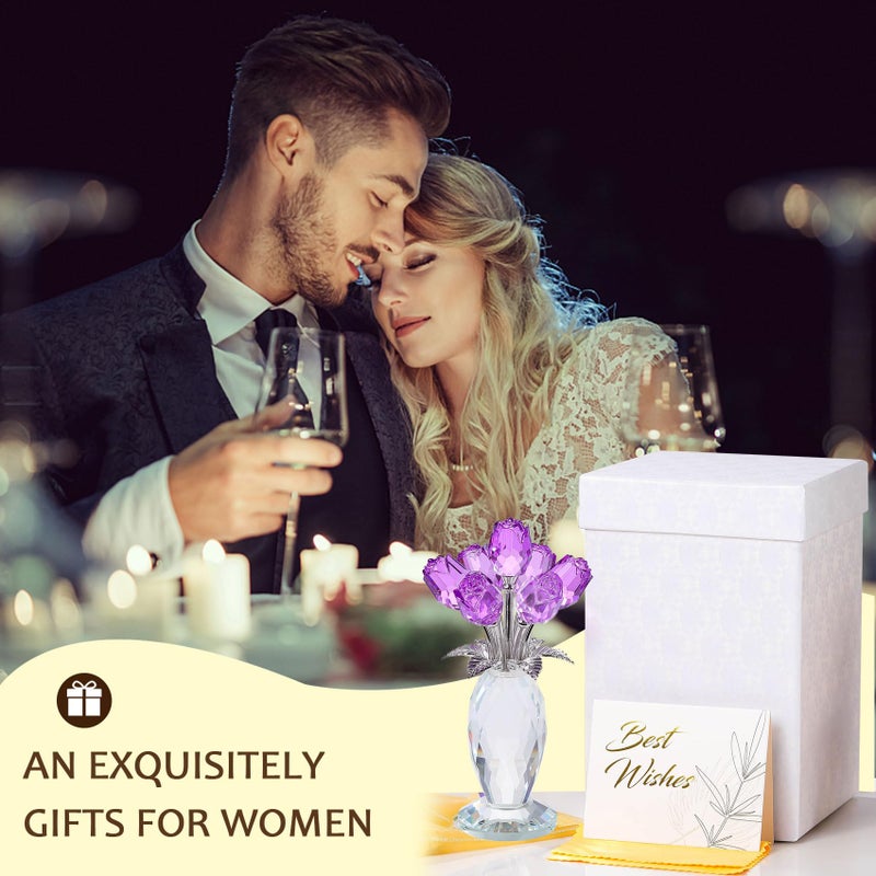 Movdyka Crystal Purple Rose Flower Figurine  Glass Roses Flower Bouquet Ornament Home Decor  Mother's Day Valentine's Christmas Wedding Romantic Gifts for Women Mom Wife Girlfriend - Image 3