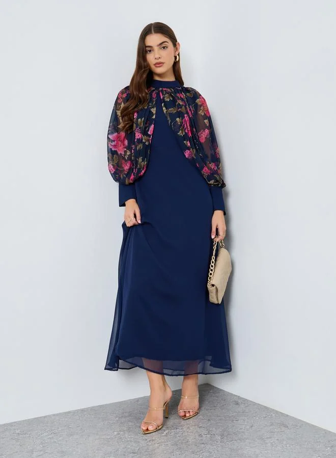 Maxim Creation Navy Blue Floral Printed Chiffon Maxi Dress