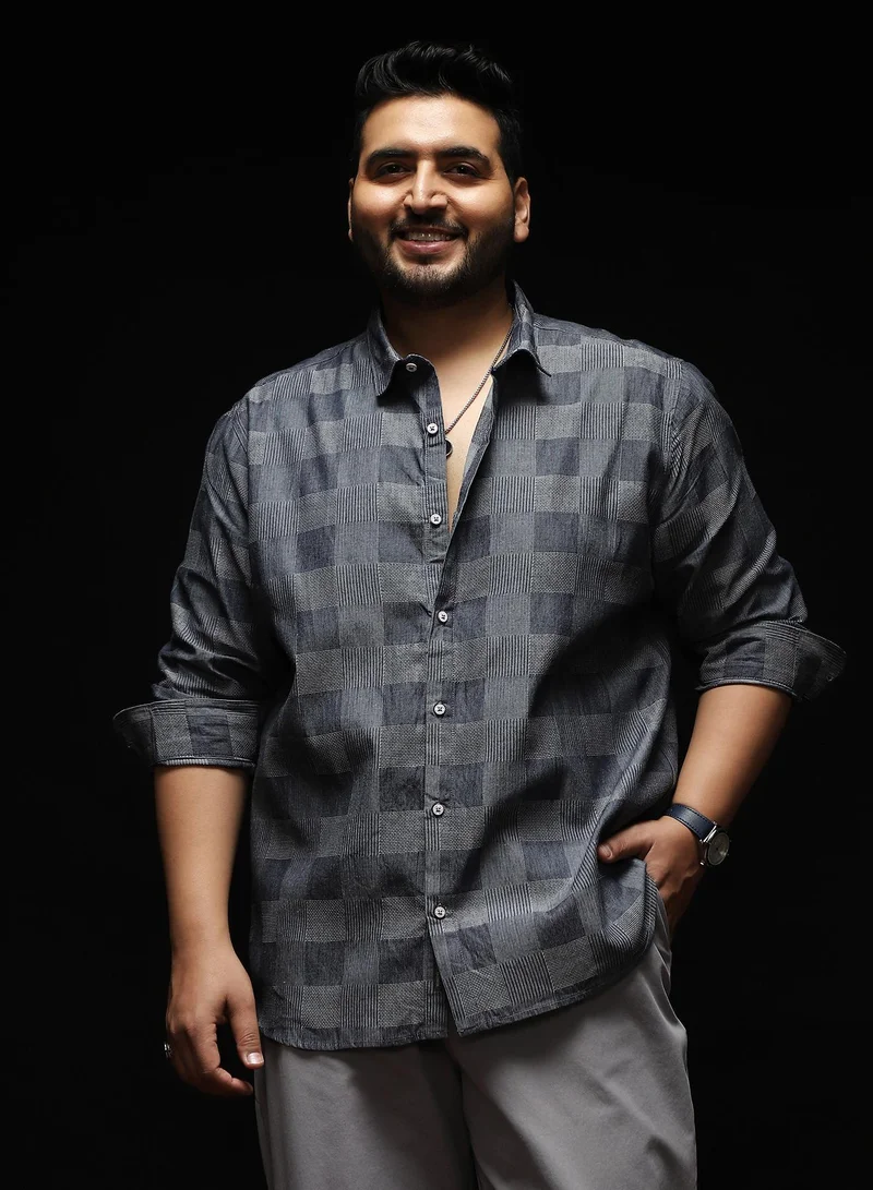 Instafab Plus Instafab Plus Men's Moon Grey Buffalo-Jacquard Shirt | Spread Collar , Long Cuffed Sleeves , Button Closure , Curved Hemline | Checks Jacquard Cotton-Blend Material For Street & Casual Wear