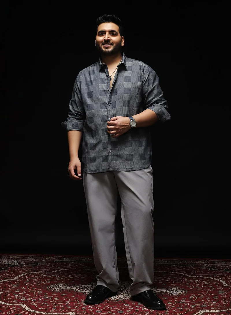Instafab Plus  Instafab Plus Men's Moon Grey Buffalo-Jacquard Shirt | Spread Collar , Long Cuffed Sleeves , Button Closure , Curved Hemline | Checks Jacquard Cotton-Blend Material For Street & Casual Wear for Men | Best Price UAE