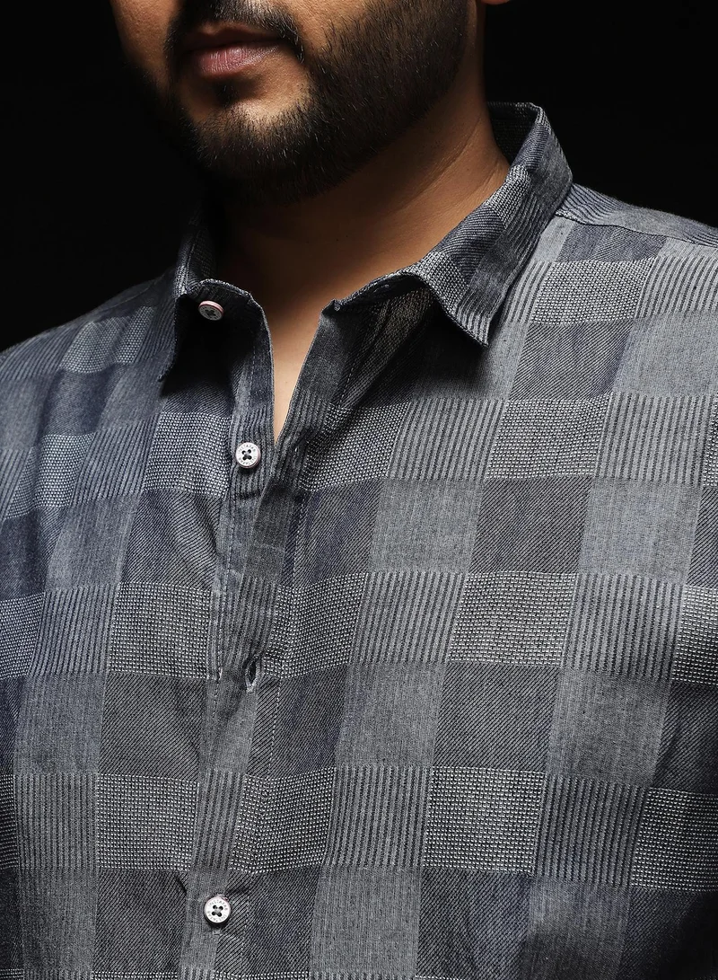 Instafab Plus  Instafab Plus Men's Moon Grey Buffalo-Jacquard Shirt | Spread Collar , Long Cuffed Sleeves , Button Closure , Curved Hemline | Checks Jacquard Cotton-Blend Material For Street & Casual Wear for Men | Best Price UAE