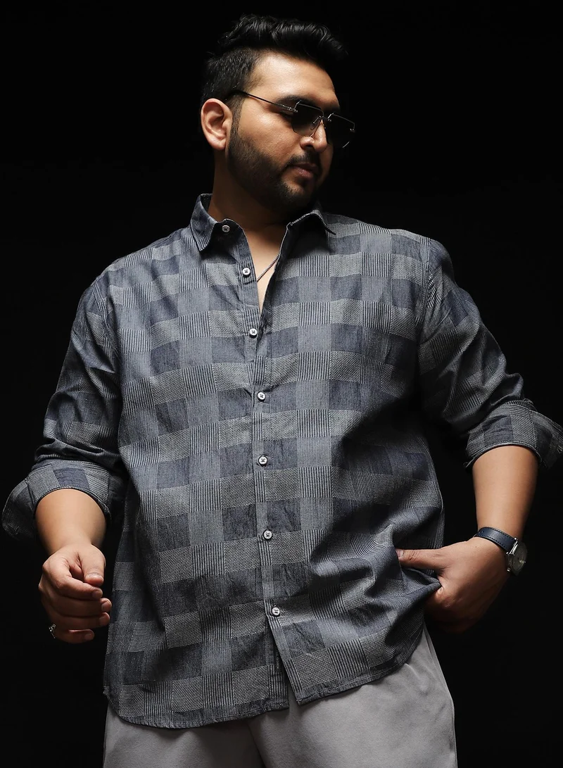 Instafab Plus Instafab Plus Men's Moon Grey Buffalo-Jacquard Shirt | Spread Collar , Long Cuffed Sleeves , Button Closure , Curved Hemline | Checks Jacquard Cotton-Blend Material For Street & Casual Wear