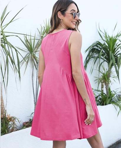 OPCAKM Women's V Neck Sleeveless Mini Dress Loose Summer Pleated Swing Flowy Sundress(Rosered-M) - Image 5